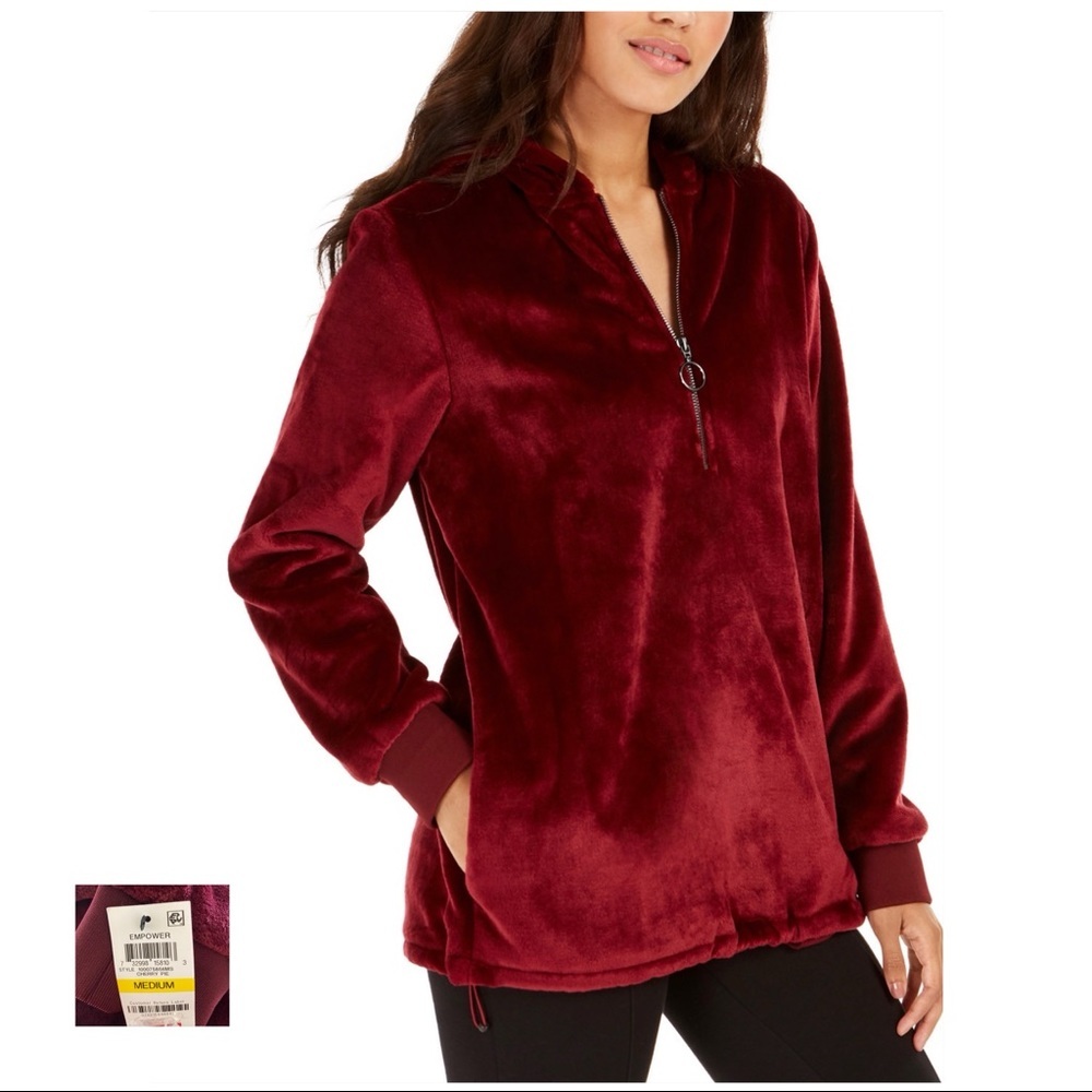 Ideology NWT Red Cherry Faux Fur 1/4 Zip Hoodie
